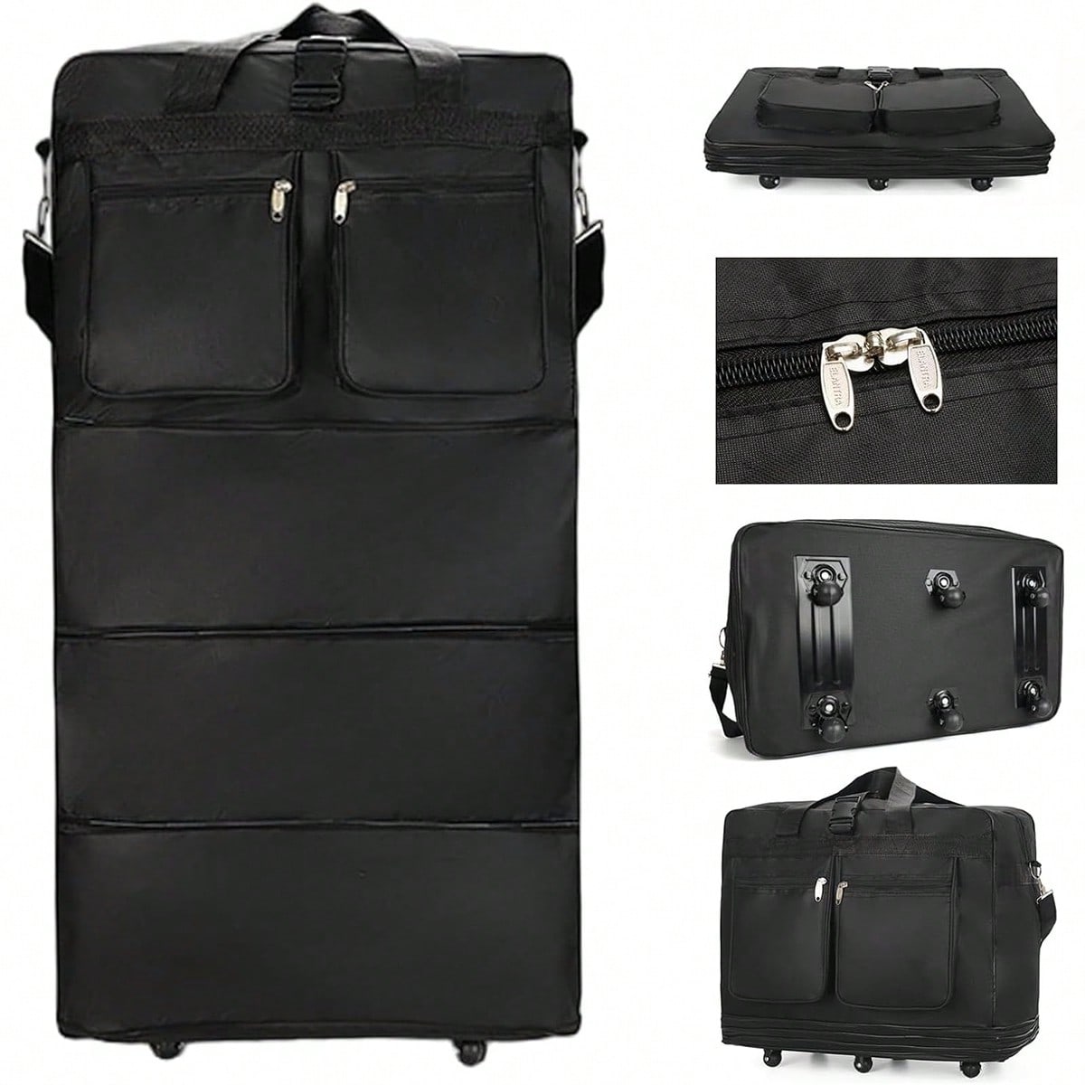 Foldable Rolling Luggage Bag - حقيبة سفر سوداء بعجلات، قابلة للتمدد