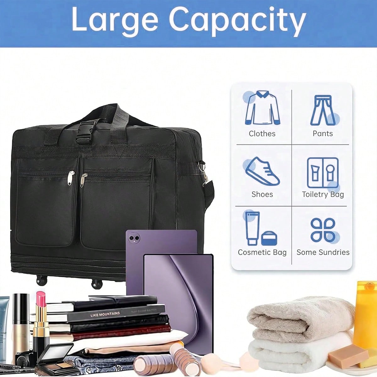 حقيبة سفر سوداء بعجلات، قابلة  - مراجعة Foldable Rolling Luggage Bag وسعره